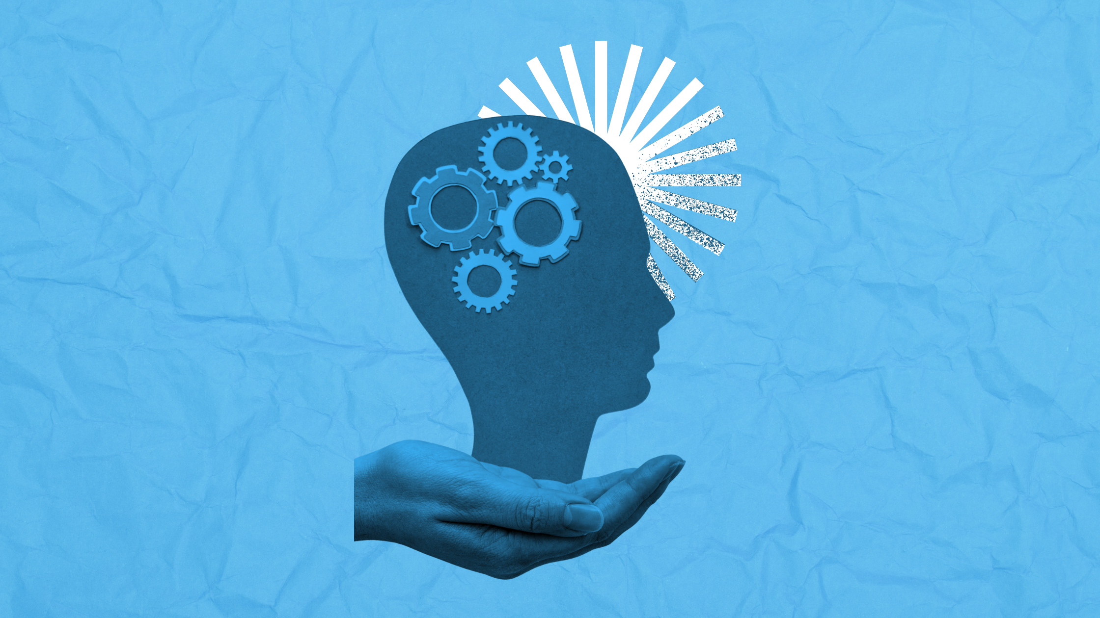 Collaged graphic of hand holding head with cogs inside