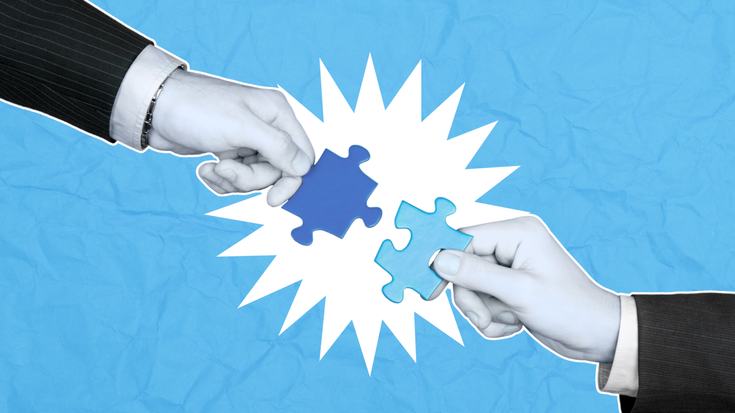 Image description: Collage of two people's hands putting together a jigsaw